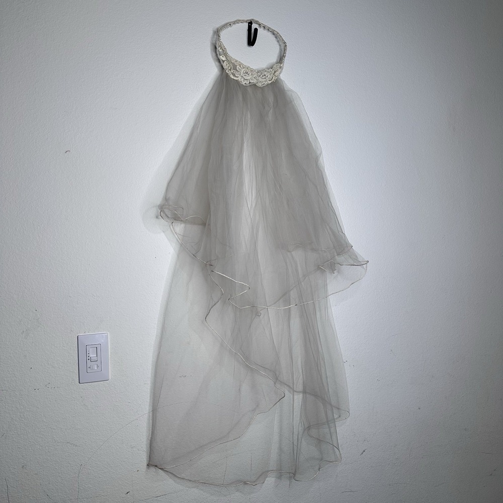 Vintage Handmade Bridal Veil Adorned With Lace And Pearls approx 40 in